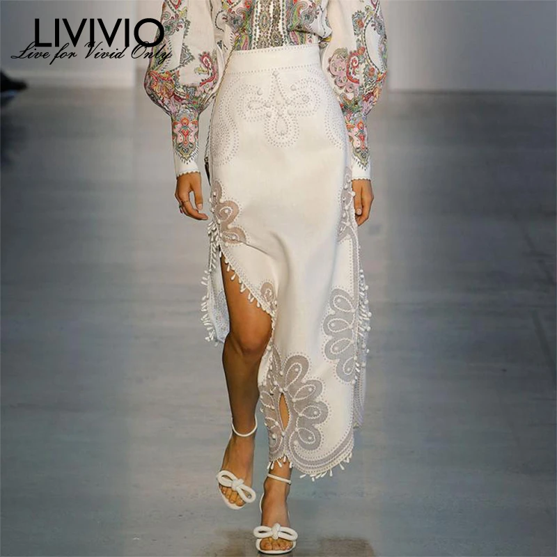 

[LIVIVIO] Summer Beading Patchwork Skirt For Women High Waist Side Split Tassel Midi Skirts Female 2019 Fashion Clothing New