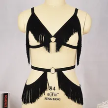 Черный пояс-шнур жгут Бурлеск обвязка-каркас бюстгальтер кисточки бахрома водопад обвязка на шее бюстгальтер сексуальное женское белье