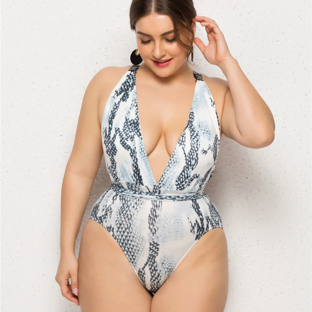2019 Women's plus size bikinis set deep V piece printed backless strap bikini one-piece swimsuit push up bikinis mujer 40J8 (4)