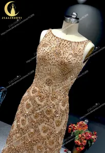 Image 4 - Jialinzeyi imagem real luxuoso ouro contas de mão cheia cristal sexy sem encosto até o chão vestidos formais vestido noite 2019