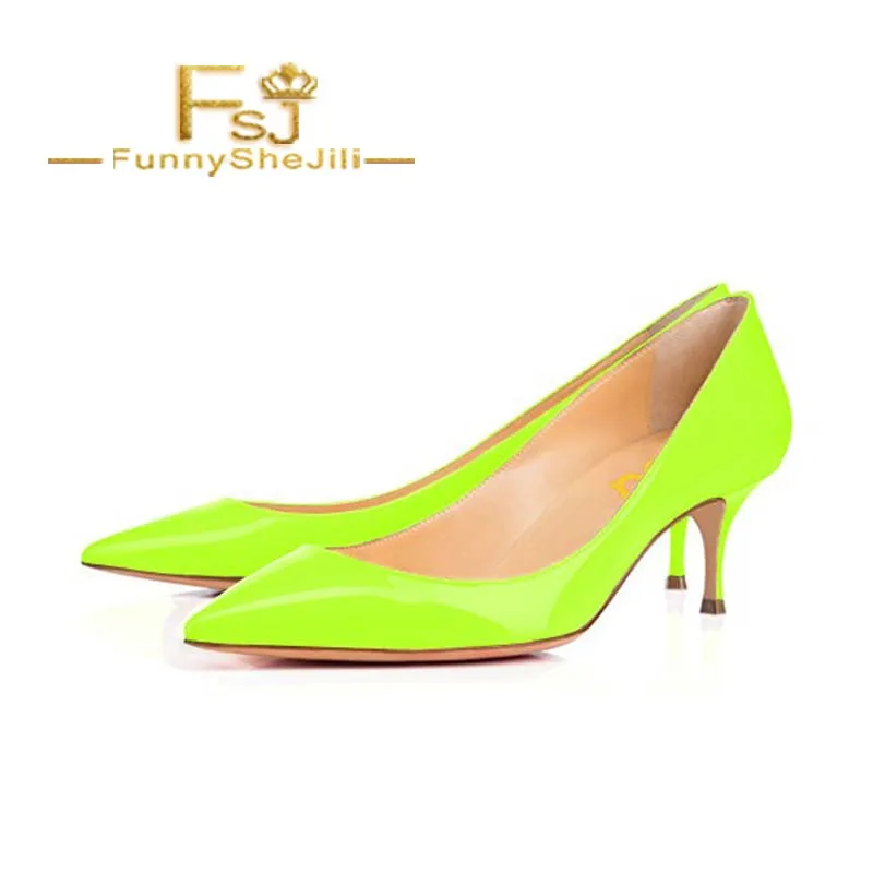 Neon Kitten Heels Patent Leather Pointy Toe Pumps Spring Autumn