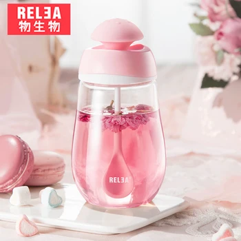 

400ml portable Heat Resistant bottle fashion water coffee juice milk flask student travel office glass bottle with mixing spoon