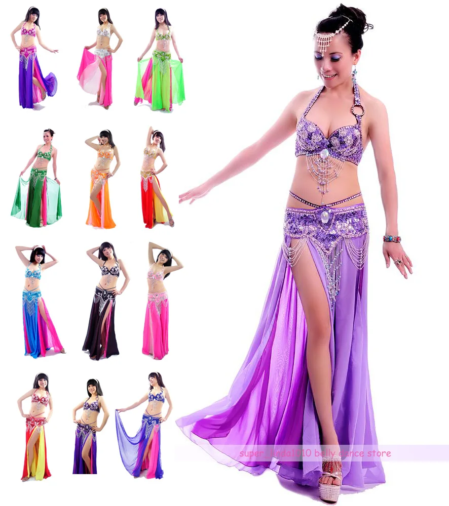 

New Belly Dance Costume outfits 3 Pics Full Set Bra&Belt&Skirt 34B/C 36B/C 38B/C 40B/C 13 Colors