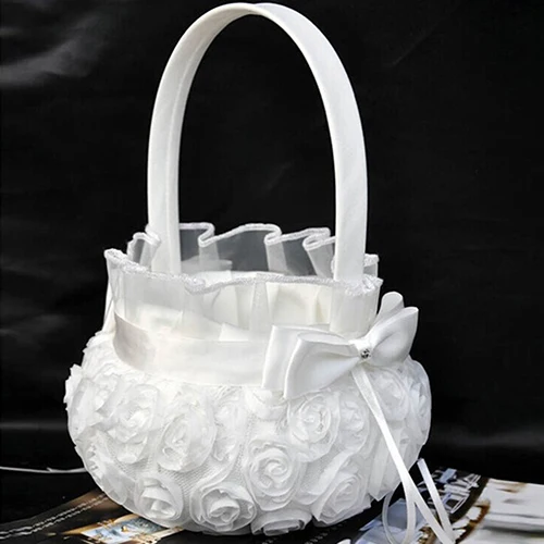 

Wedding Ceremony Party Love Case Satin Bowknot Rose Flower Basket Set for Flower Girl Container Decor White Gift X3