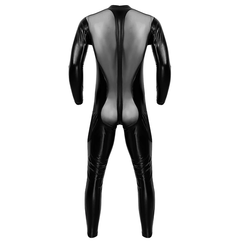 Cosplay&ware Halloween Black Unisex Sexy Metallic Shiny Zentai Catsuit Men Women Mesh Splice Full Bodysuit Cosplay Costume Latex Suit -Zentai shop online