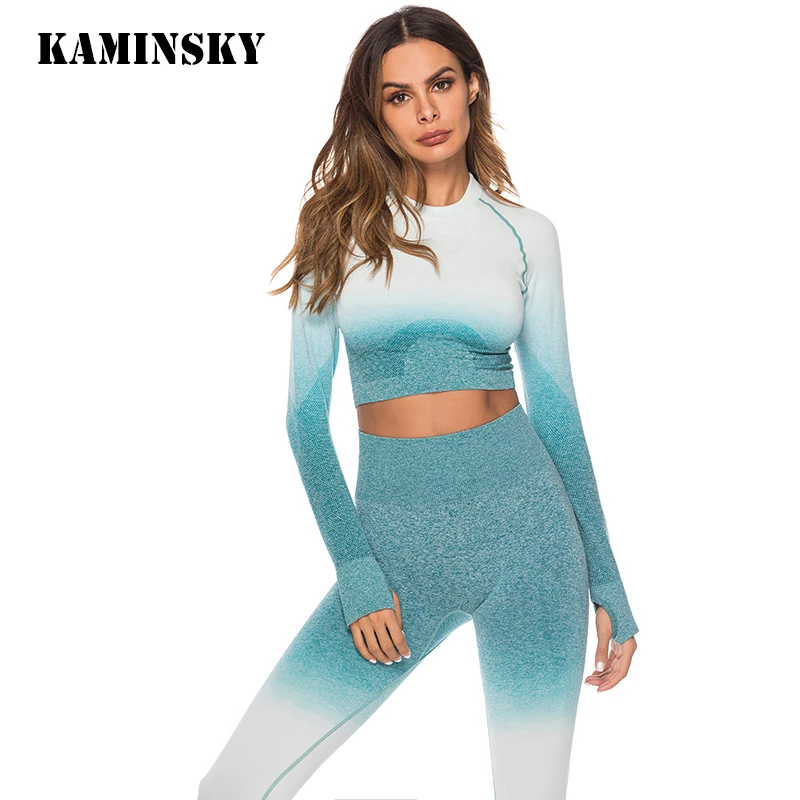 Kaminsky الأزياء اللياقة البدنية طماق أومبير سلس المحاصيل قمم للمرأة اثنين من قطعة مجموعة الملابس الرياضية البلوز رياضية النساء مجموعات