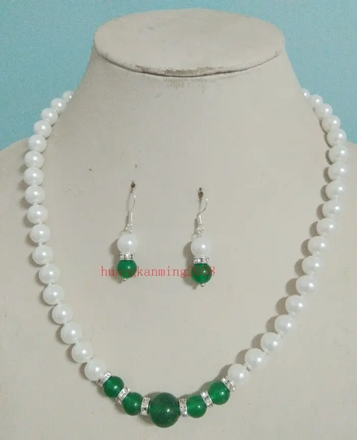 Long 16&quot 18&quot 20&quot 8-12mm White Shell Pearl /Green Jade Necklace+Earring Set | Украшения и аксессуары