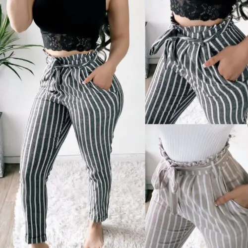 

Women's High Waist Pants Summer Fashion Work Elegant Belt Casual OL Office Long Pencil Pants Check Striped Trouser Bottoms