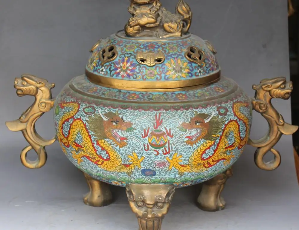 

22" Royal Palace China Cloisonne Gold Gilt Fly Dragon Lion incense Burner Censer