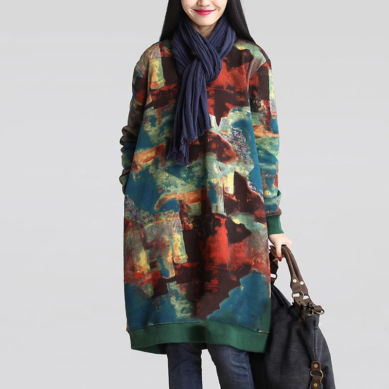2018 Autumn Women Smooth Vintage Sweatshirt Floral Long Sleeve Dresses Retro Oversize Hoodie Pullover Top Long Hoodies Dress Hoodies