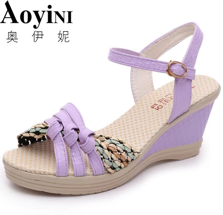 

Free Shipping Women's shoes 2018 Summer Women's Wedges Sandals Platform Shoes Platform Straw Braid Color Block High-heeled Shoes