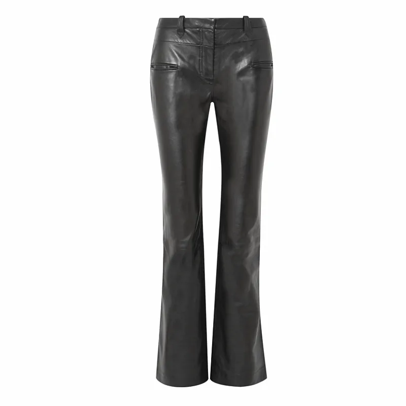 

Fashion Brand longer length sheep pu leather pants 2019 autumn Women's High package hip Quality Slim Flare Pants wj2862 dropship