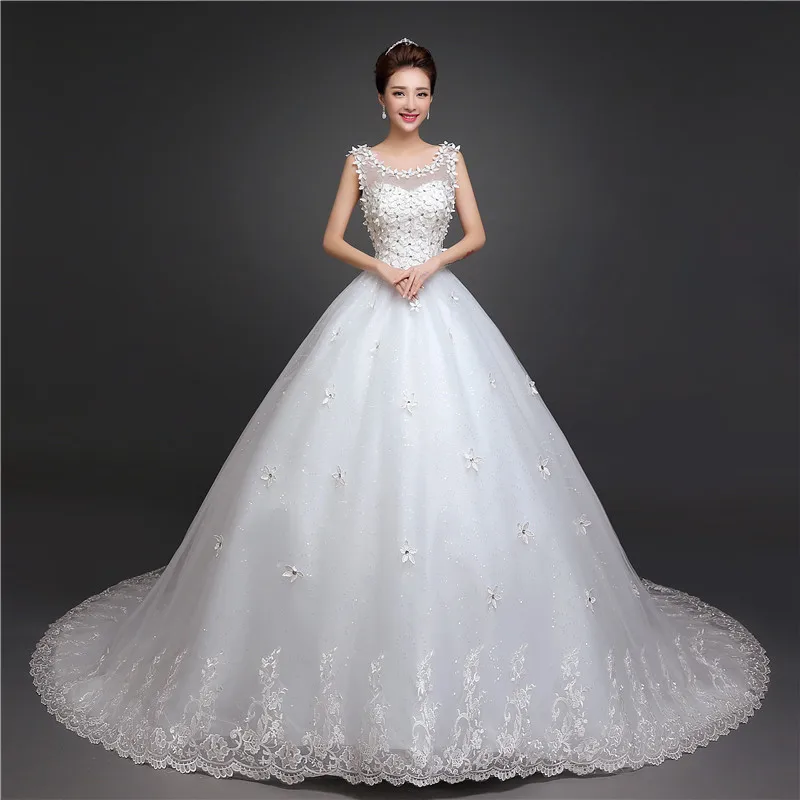 

New Arrival O Neck Applique Long Train Wedding Dress Elegant Slim Lace Up Plus Size Sleeveless Wedding Gown Vestido De Noiva L