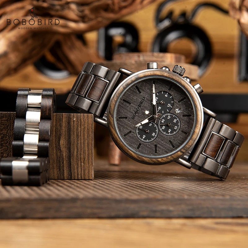  BOBO BIRD Wooden Timepieces Men Watches Bracelet Set Chronograph Military in Wooden Box relogio mas
