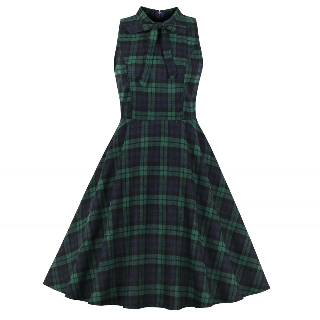 

Women Summer Vintage Swing Tunic Dresses 2019 Plaid A Line Sexy Elegant Bow Sleeveless Chic Blue Short Party Office Midi Dress