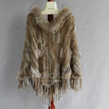 

FXFURS Genuine Rabbit Fur Poncho with Raccoon Dog Hood Fur Cloak Cape Rabbit Fur Outerwear Fashion Style Pullover