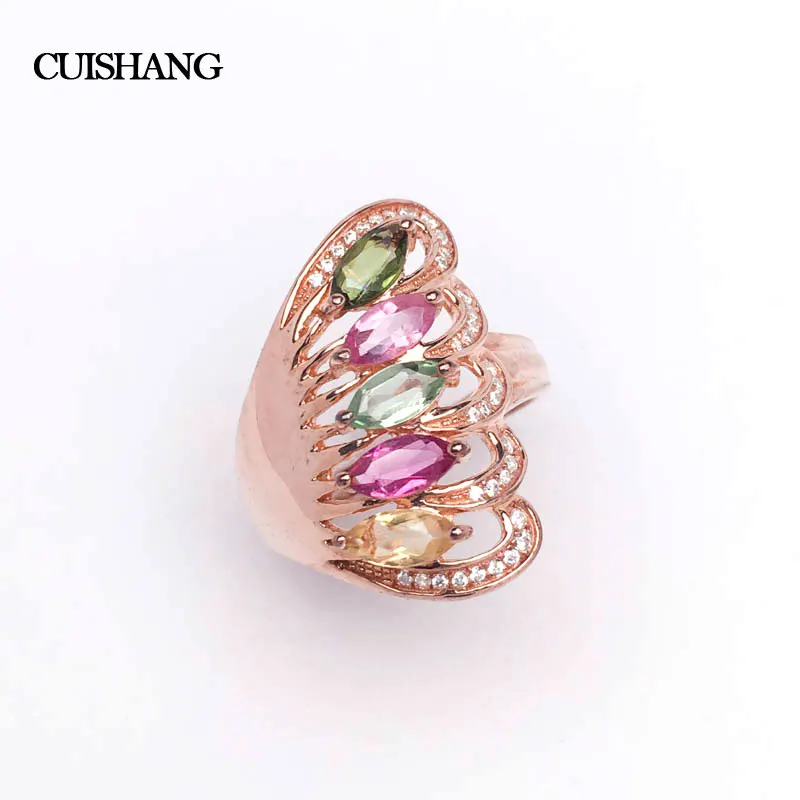 

CSJ Natural Multi color Tourmaline Sterling 925 Silver Rings Fine Jewelry Wing of Angel Wedding Engagment Party for women gift