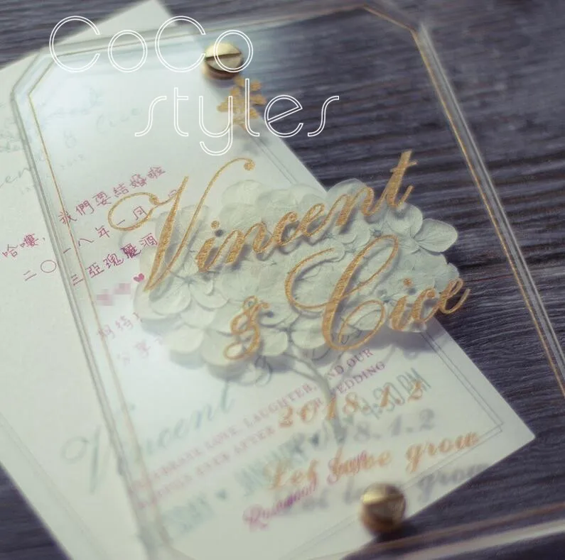  Cocostyles custom personalized clear acrylic invitation card with white foreverflower and engraving - 32869049352