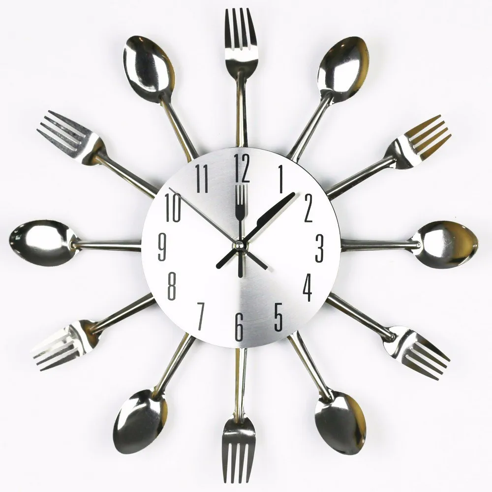 3D DIY Wall Clock Modern Sliver Cutlery Kitchen Utensil Clock Spoon