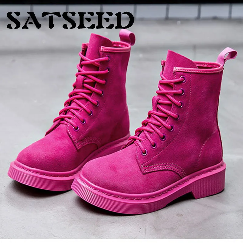 

2018 autumn and winter new pink martin boots cow leather genuine leather women's boots flat bottom with matte soft leather boots