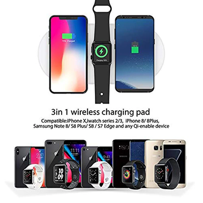 Беспроводное зарядное устройство RorainT 3 в 1 QI для iPhone X 8plus XR XS Max Apple AirPods Watch