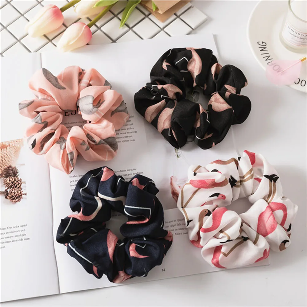 

Women Hair Tie Floral Flamingo Solid Houndstooth Design Hair Accessories Scrunchie Ponytail Hair Holder Rope free shipping