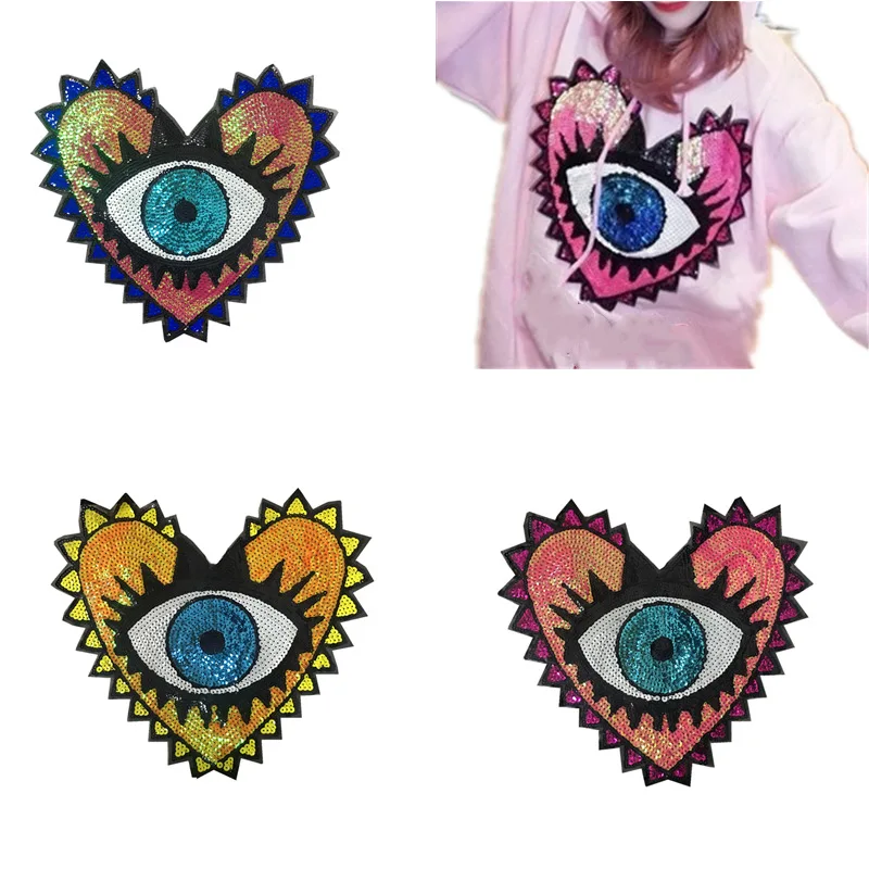 

1Pc Love Large Sequin Heart Evil Eyes Patch No Glue Cartoon Motif Applique Embroidery Garment Accessory