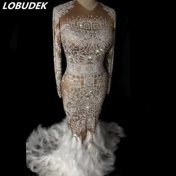 

Full Rhinestones White Feathers Fishtail Dress Elastic Long Dress Prom Party Women Singer Stage Outfit Models Catwalk Costumes