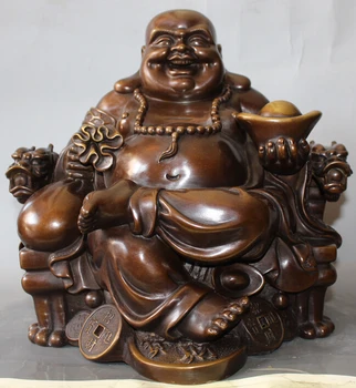 

wholesale factory 11" Chinese Purple Bronze Seat Happy Laugh Maitreya Buddha Wealth Statue