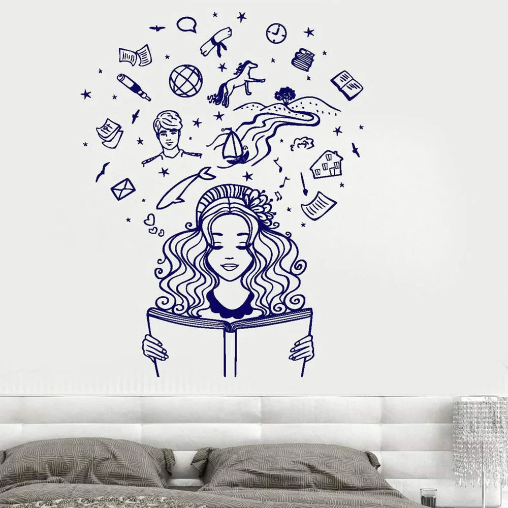 

Wall Vinyl Wall Decal Girl Reading A Book Imagination Fantasy Fairy Tale Romantic Wall Sticker For Bedroom Living Room Home L940