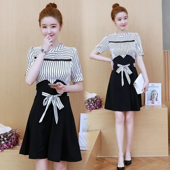 

2018 new summer wear short-sleeved dress korean fashion women's clothing casual outfit lady vestidos bow waist patchwork dress