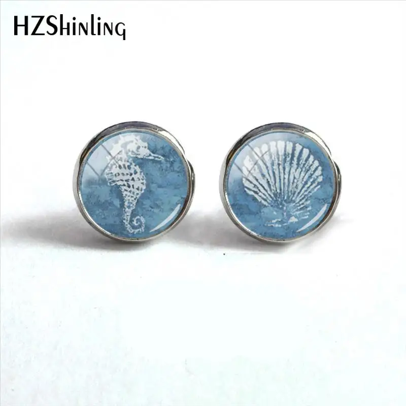 Морской конек и оболочки серьги Книги по искусству фото Стекло купол Кабошон серьги серебро ручной Craft Jewelry уха шпильки Для женщин HZ4