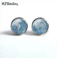 Морской конек и оболочки серьги Книги по искусству фото Стекло купол Кабошон серьги серебро ручной Craft Jewelry уха шпильки Для женщин HZ4