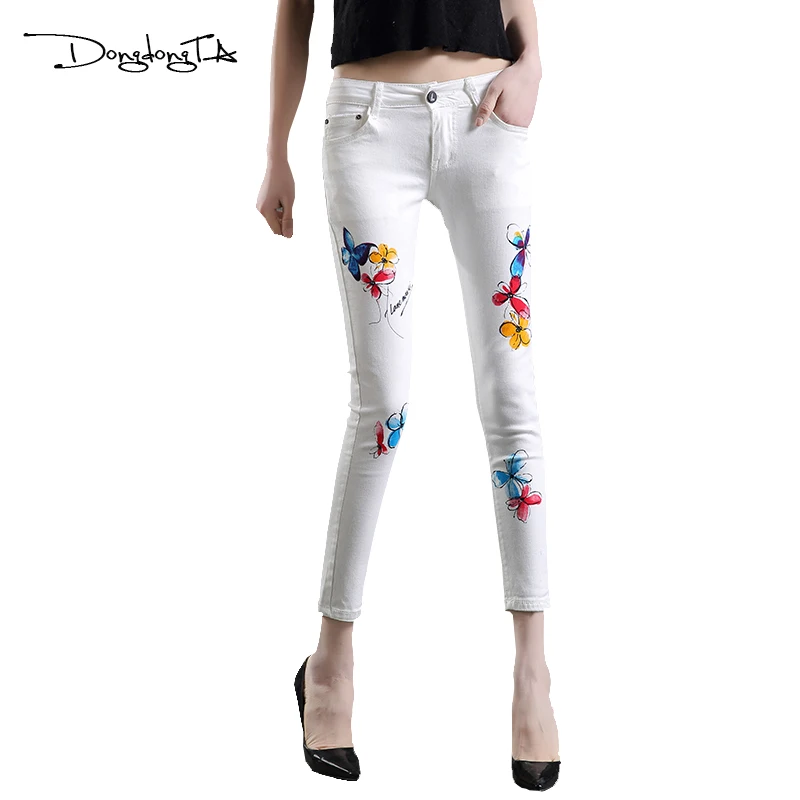 Dongdongta Mladé ženy Dívky 2017 Nové džíny tužka kalhoty originální design módní kalhoty kalhoty hubené letní bílé džíny