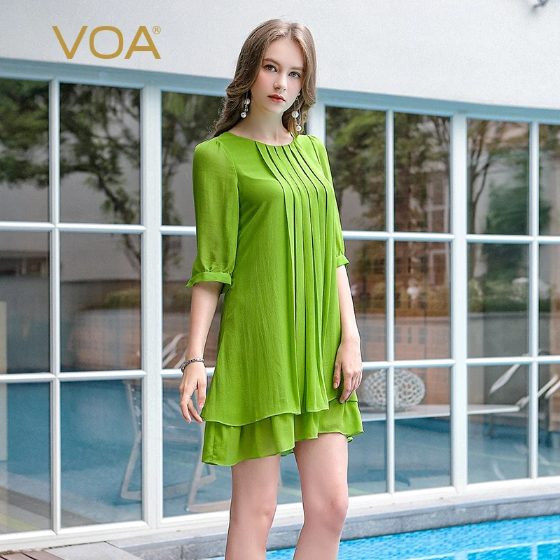 VOA летние женские милые шелковые мини-платья с коротким рукавом и круглым вырезом больших размеров, Свободные Короткие повседневные платья трапециевидной формы, A0517