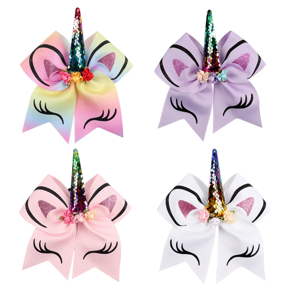 

6" Glitter Unicorn Hair Bows With Horn jojo Bows for Girls Sequin Flower Hair Clip School Kids Party Hairgrips Hair Accessories