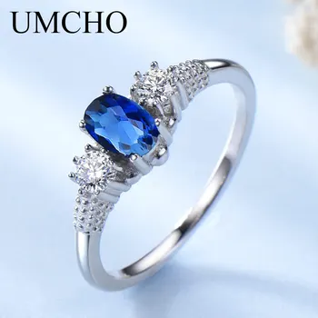 

UMCHO Solid 925 Sterling Silver Jewelry Created Blue Sapphire Rings Elegant Engagement Rings For Women Wedding Gift Fine Jewelry