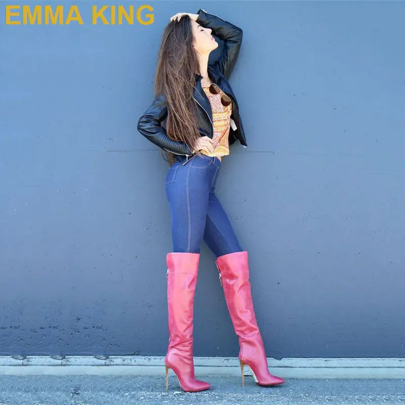 pink leather knee high boots