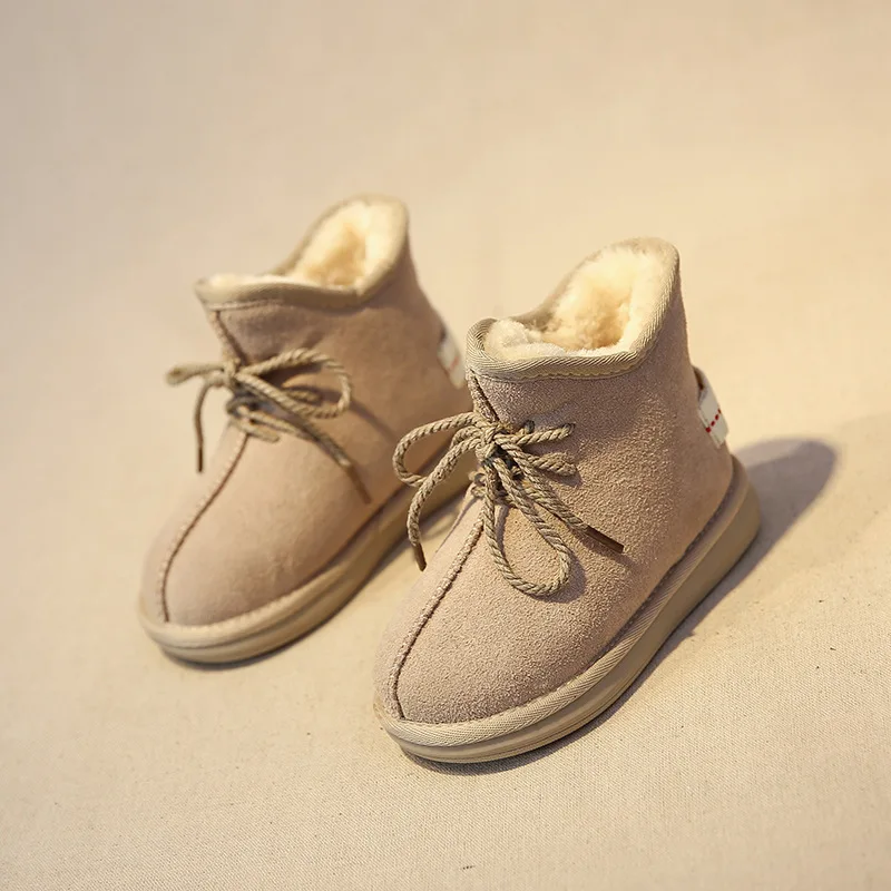 

New Winter Leather Boys and Girls Snow Boots Velvet Warm Lace Leather Shoes Non-slip Cotton Warm Shoes