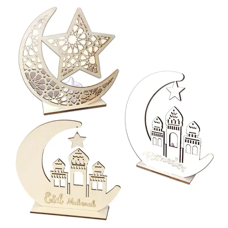 

Wooden Ramadan Eid Mubarak Moon Star Islam Hanging Pendant Plate With LED Light Ornament Home Decor DIY Gift