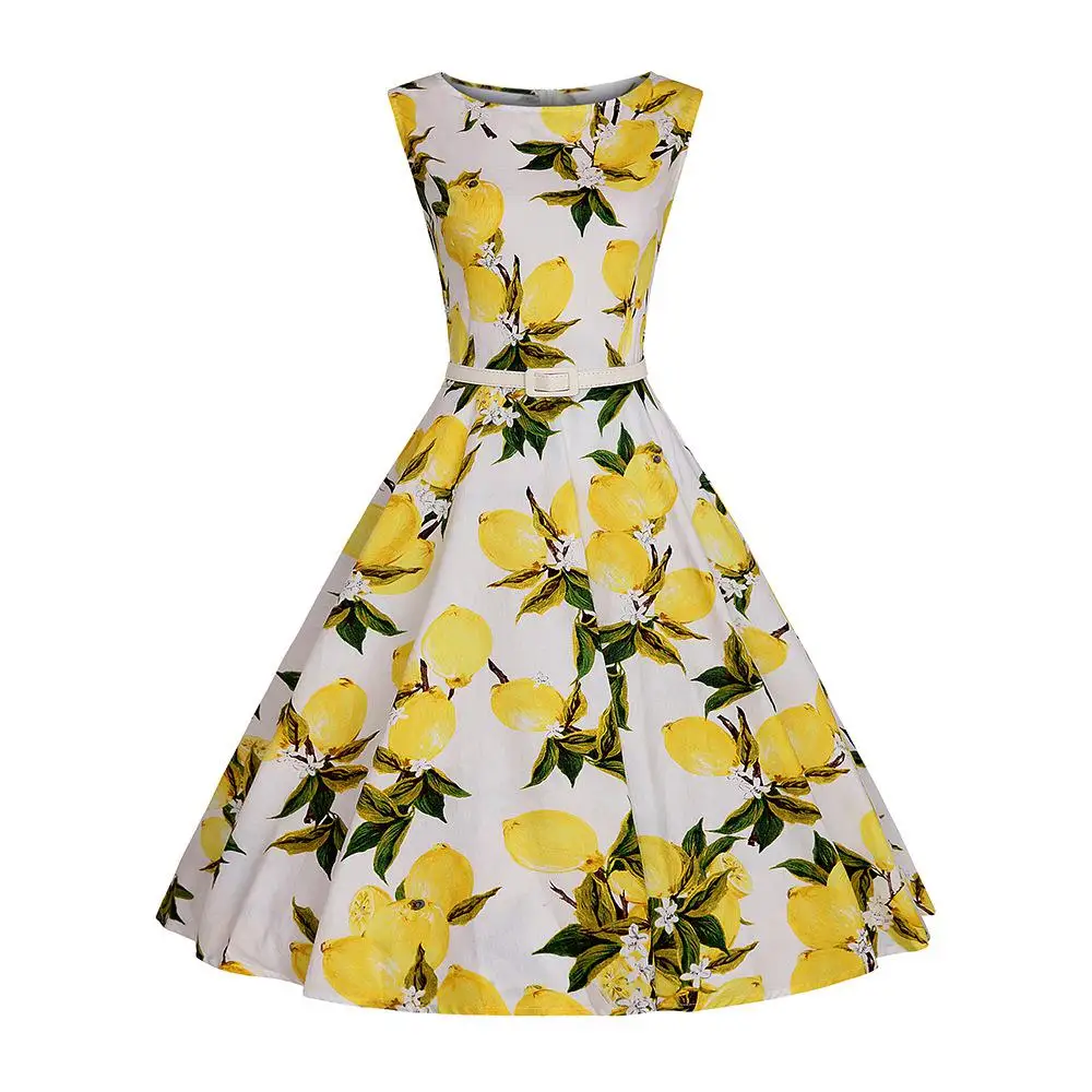 Audrey Hepburn 50s 60s retro dress women 100 cotton vintage summer dresses lemon print plus size
