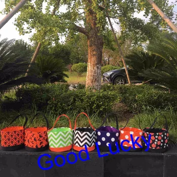

10pcs/lot free shipping New arrival 7 styles mixed halloween bucket Trick or Treat Chevron Dot pattern Halloween basket for kids