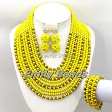 Модные желтые нигерийские африканских Кристалл Бусины Цепочки и ожерелья комплект ювелирных изделий костюм Африканский Свадебный комплект ювелирных изделий aej394