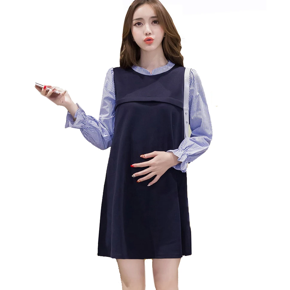 

Maternity Nursing Dress Casual Breastfeeding Plus Size Dresses Stripes Patchwork Spring Korean Fashion Clothes for Pregnant 2019