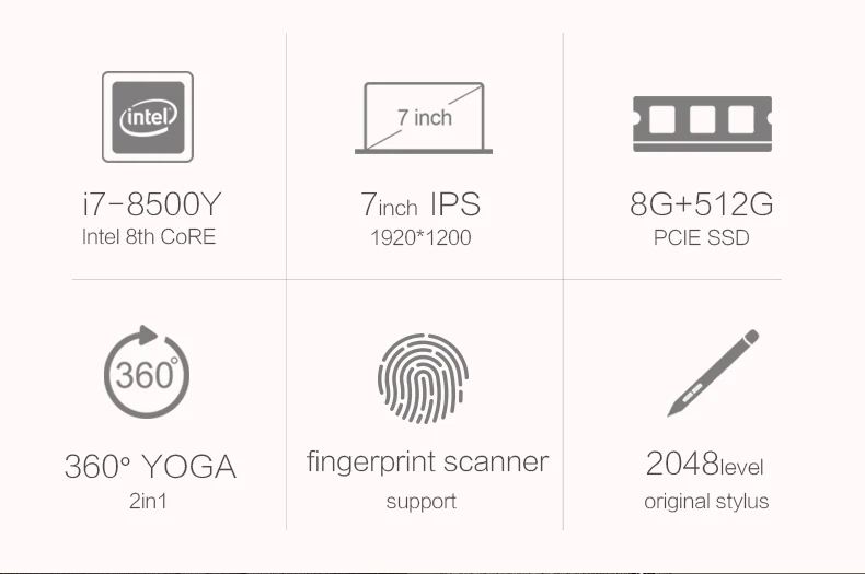 Оригинальный 7 "планшетный ПК с сенсорным экраном распознавания отпечатков пальцев 360 Йога 2in1 ноутбук Intel i7 8500Y лицензии win10 8G 512G
