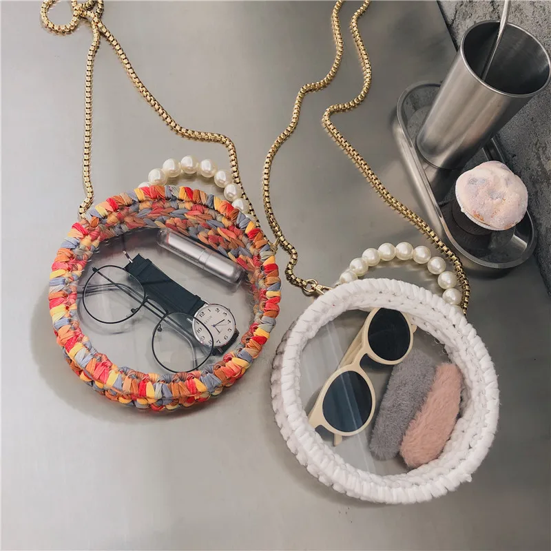 

NEW Acrylic transparent pearl Round women shoulder bag Handmade Woven women Corssbody Bag Beach women handbag Fashion Straw bag
