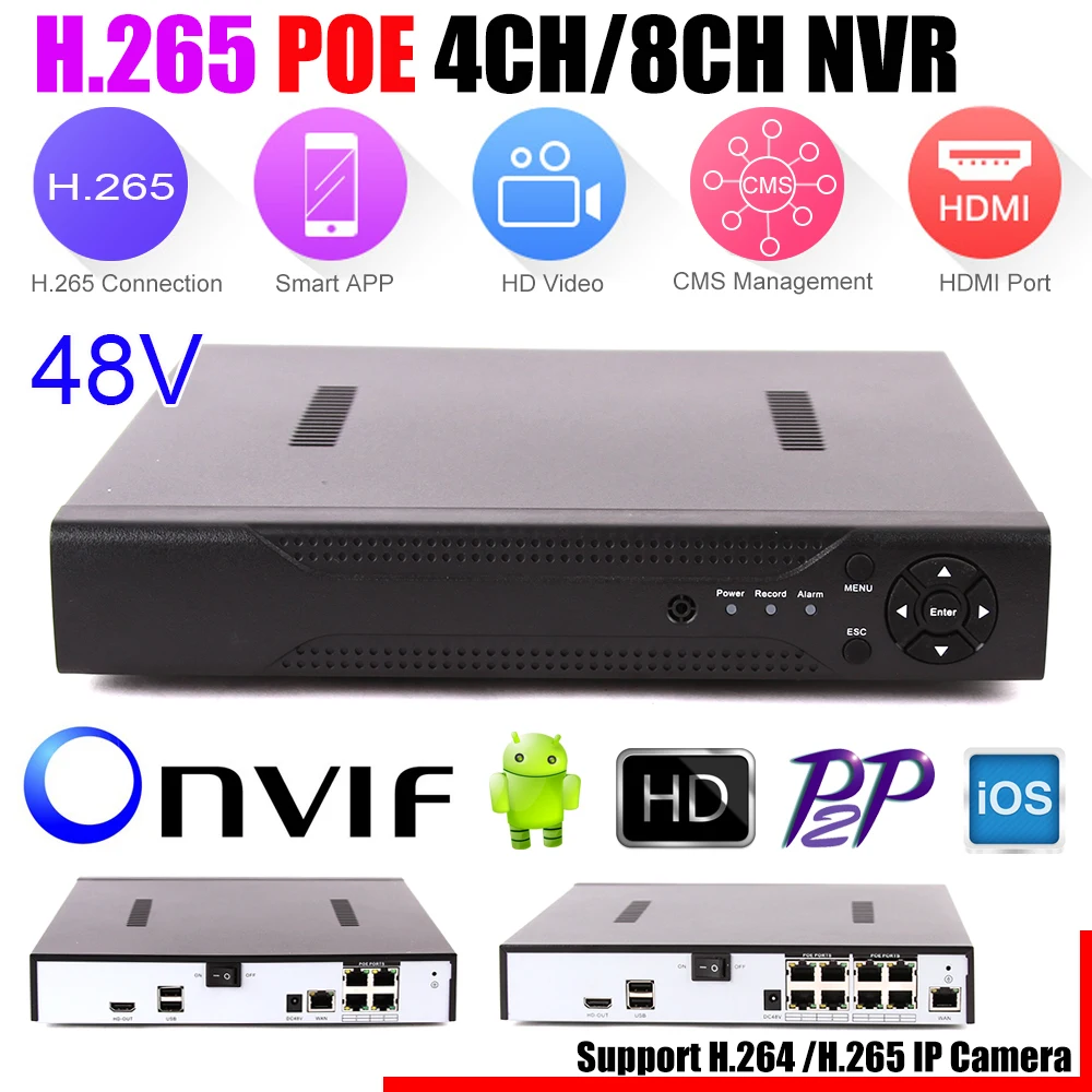 ONVIF FTP Обнаружение движения Макс 4 к HI3798 H.265 PoE NVR 4CH 5MP 4 PoE порта 8CH 4MP 8 PoE портов IEEE802.3af DC48 V система охранного видеонаблюдения PoE NVR