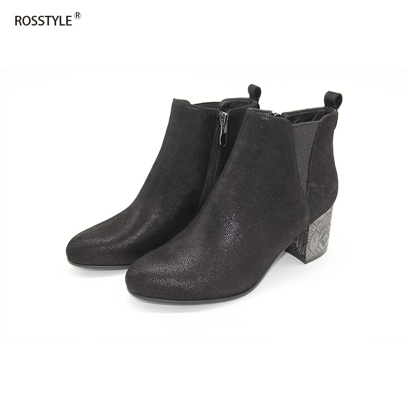 

Rosstyle Women Plus Size Stylish Full Grain Leather Ankle Boots Sheep Skin High Heel Women Boots Designed Fretwork Heel B16