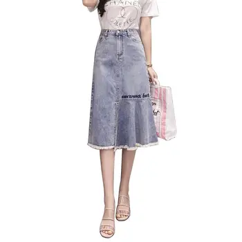 

2020 luxury woman blue denim skirt with embossed flowers embroidered front frayed gold button up back