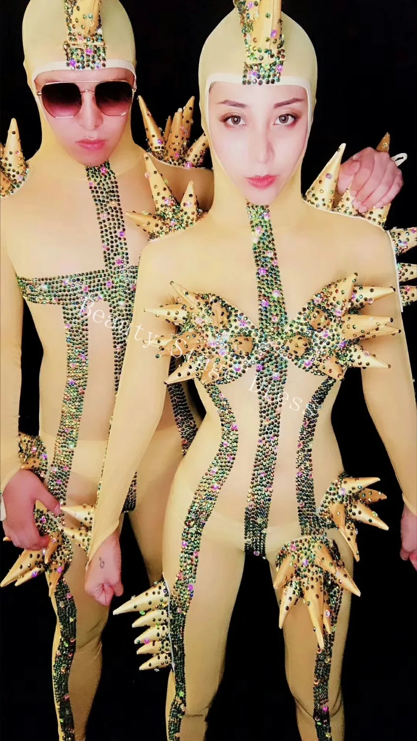 

Multicolor Rhinestones Stretch Mesh Jumpsuit Nightclub Cosplay Dance DS Show Outfit Bodysuit Women Or Men Singer Unique Clothes